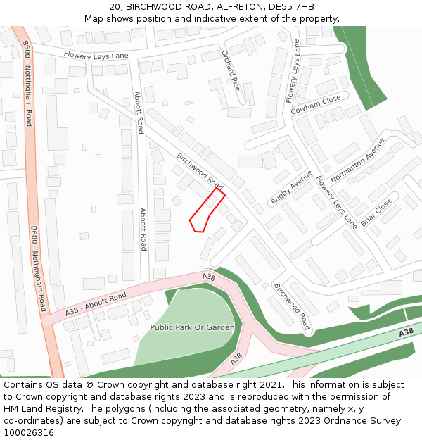 20, BIRCHWOOD ROAD, ALFRETON, DE55 7HB: Location map and indicative extent of plot