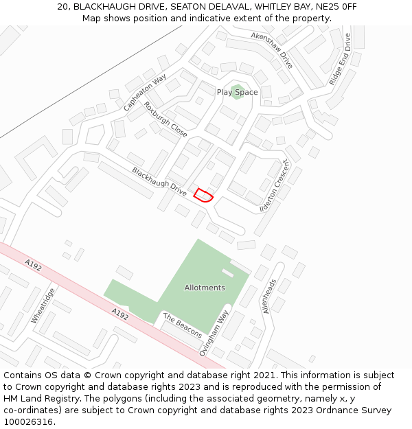 20, BLACKHAUGH DRIVE, SEATON DELAVAL, WHITLEY BAY, NE25 0FF: Location map and indicative extent of plot