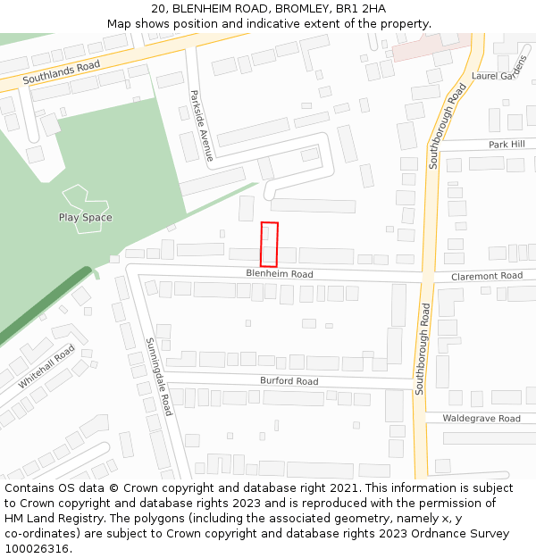 20, BLENHEIM ROAD, BROMLEY, BR1 2HA: Location map and indicative extent of plot