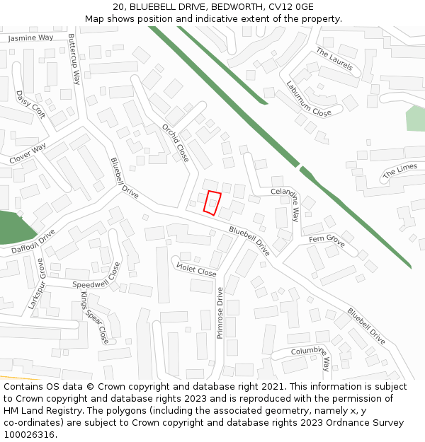 20, BLUEBELL DRIVE, BEDWORTH, CV12 0GE: Location map and indicative extent of plot