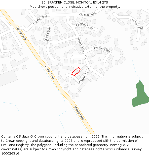 20, BRACKEN CLOSE, HONITON, EX14 2YS: Location map and indicative extent of plot