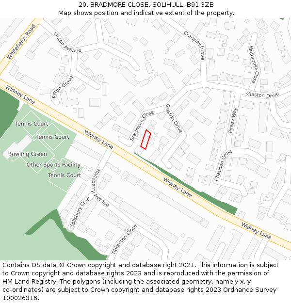 20, BRADMORE CLOSE, SOLIHULL, B91 3ZB: Location map and indicative extent of plot