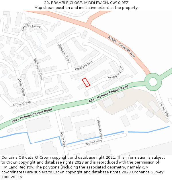 20, BRAMBLE CLOSE, MIDDLEWICH, CW10 9FZ: Location map and indicative extent of plot