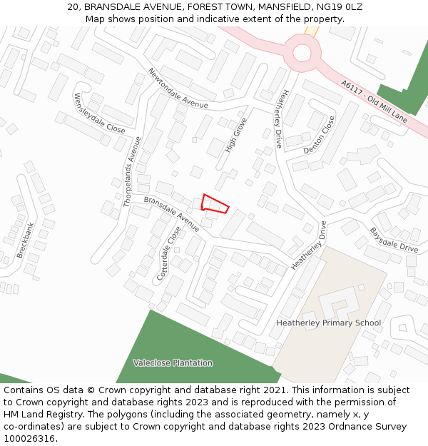 20, BRANSDALE AVENUE, FOREST TOWN, MANSFIELD, NG19 0LZ: Location map and indicative extent of plot