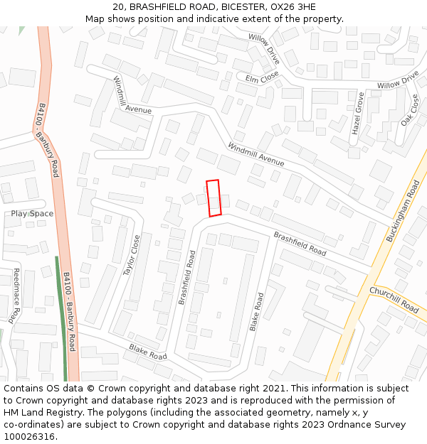 20, BRASHFIELD ROAD, BICESTER, OX26 3HE: Location map and indicative extent of plot