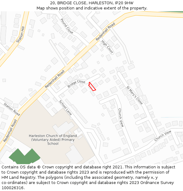 20, BRIDGE CLOSE, HARLESTON, IP20 9HW: Location map and indicative extent of plot