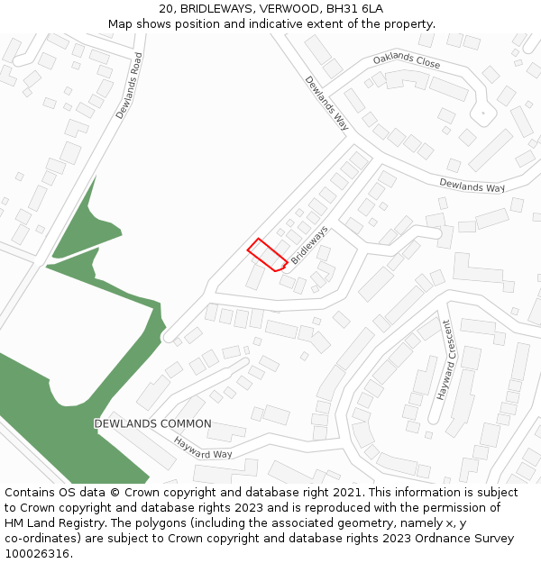 20, BRIDLEWAYS, VERWOOD, BH31 6LA: Location map and indicative extent of plot