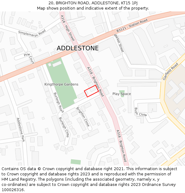 20, BRIGHTON ROAD, ADDLESTONE, KT15 1PJ: Location map and indicative extent of plot