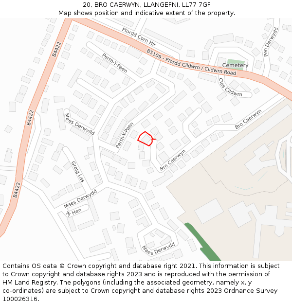 20, BRO CAERWYN, LLANGEFNI, LL77 7GF: Location map and indicative extent of plot