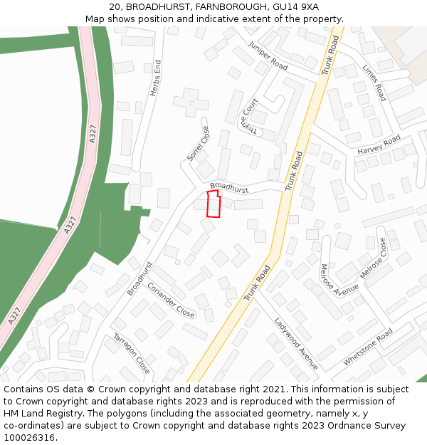 20, BROADHURST, FARNBOROUGH, GU14 9XA: Location map and indicative extent of plot