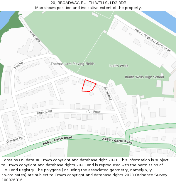 20, BROADWAY, BUILTH WELLS, LD2 3DB: Location map and indicative extent of plot