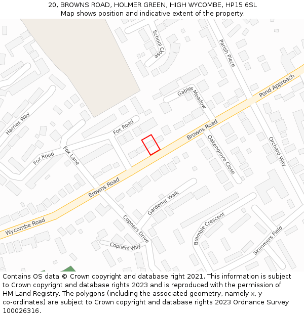 20, BROWNS ROAD, HOLMER GREEN, HIGH WYCOMBE, HP15 6SL: Location map and indicative extent of plot