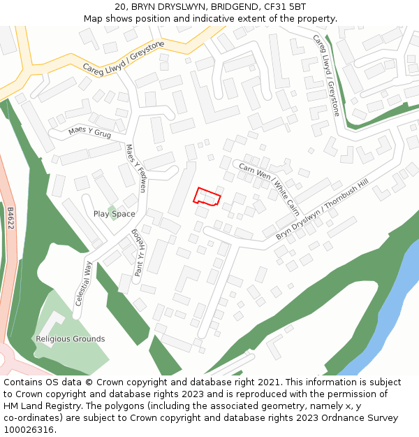 20, BRYN DRYSLWYN, BRIDGEND, CF31 5BT: Location map and indicative extent of plot
