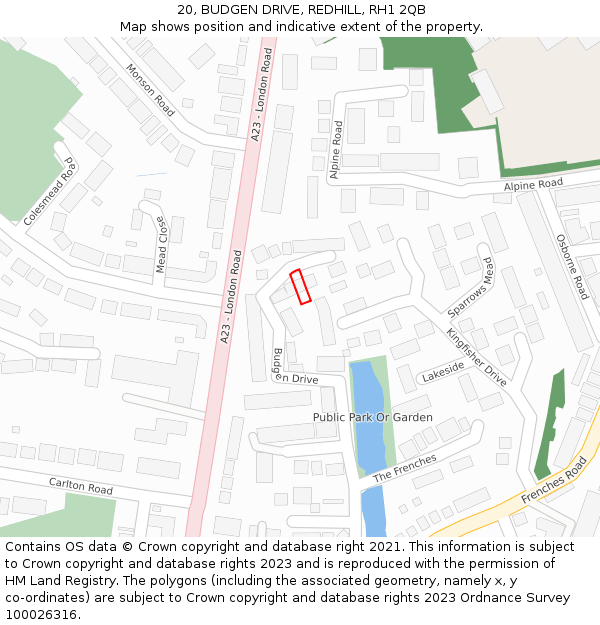 20, BUDGEN DRIVE, REDHILL, RH1 2QB: Location map and indicative extent of plot