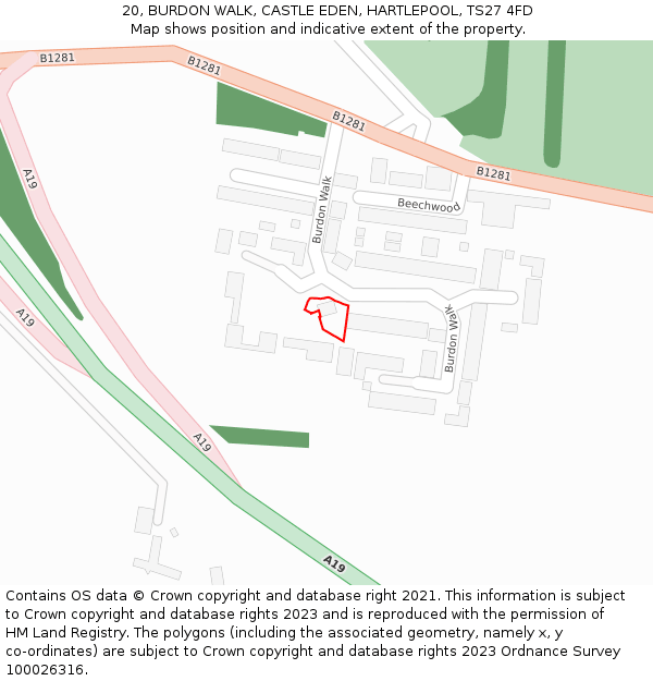20, BURDON WALK, CASTLE EDEN, HARTLEPOOL, TS27 4FD: Location map and indicative extent of plot