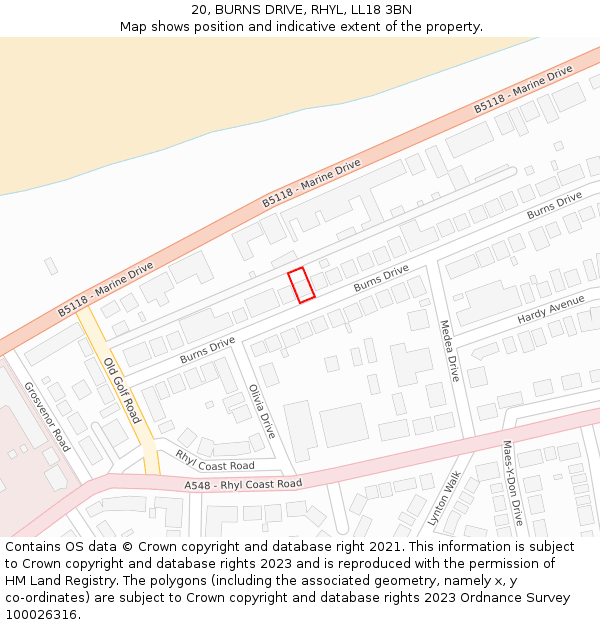 20, BURNS DRIVE, RHYL, LL18 3BN: Location map and indicative extent of plot