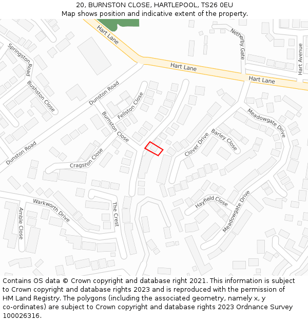 20, BURNSTON CLOSE, HARTLEPOOL, TS26 0EU: Location map and indicative extent of plot