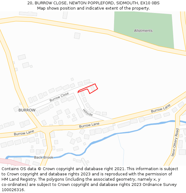 20, BURROW CLOSE, NEWTON POPPLEFORD, SIDMOUTH, EX10 0BS: Location map and indicative extent of plot