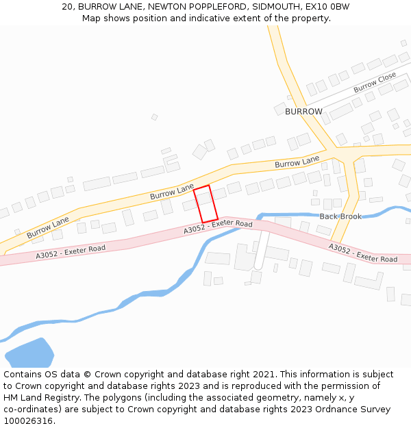 20, BURROW LANE, NEWTON POPPLEFORD, SIDMOUTH, EX10 0BW: Location map and indicative extent of plot