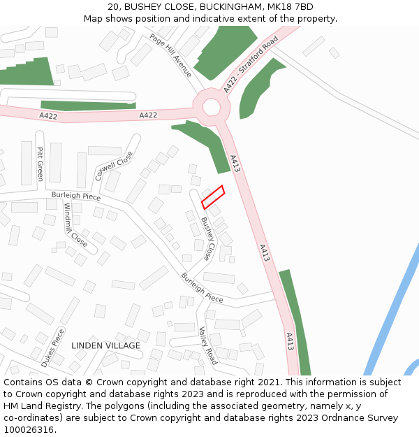 20, BUSHEY CLOSE, BUCKINGHAM, MK18 7BD: Location map and indicative extent of plot
