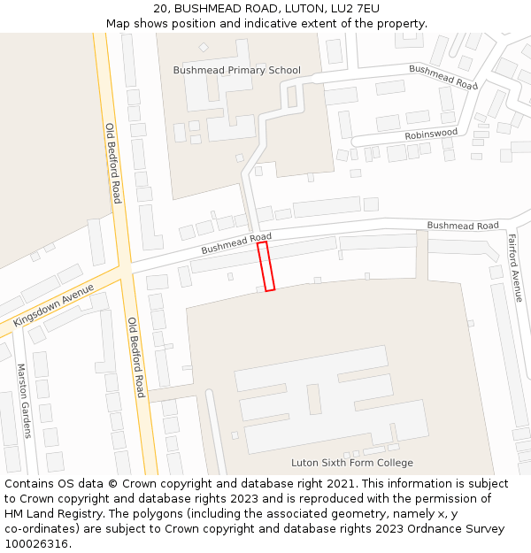 20, BUSHMEAD ROAD, LUTON, LU2 7EU: Location map and indicative extent of plot