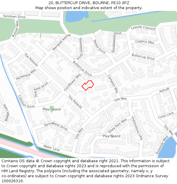 20, BUTTERCUP DRIVE, BOURNE, PE10 0PZ: Location map and indicative extent of plot