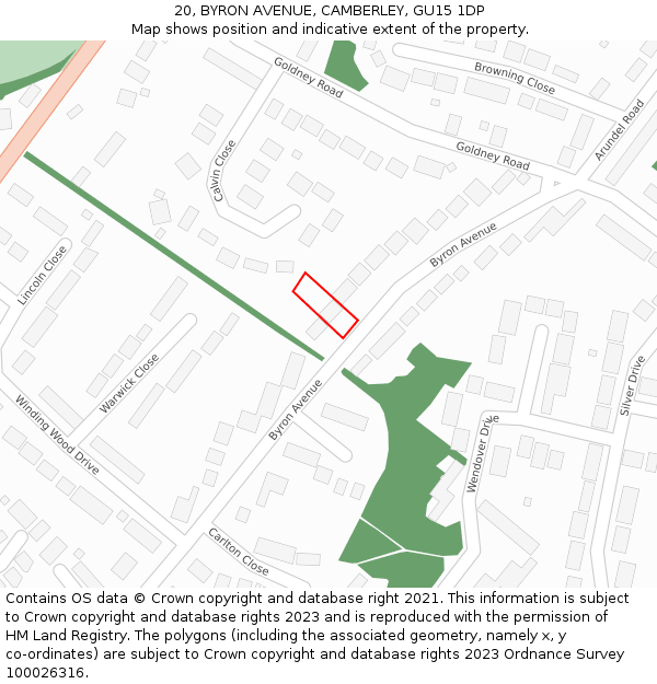 20, BYRON AVENUE, CAMBERLEY, GU15 1DP: Location map and indicative extent of plot