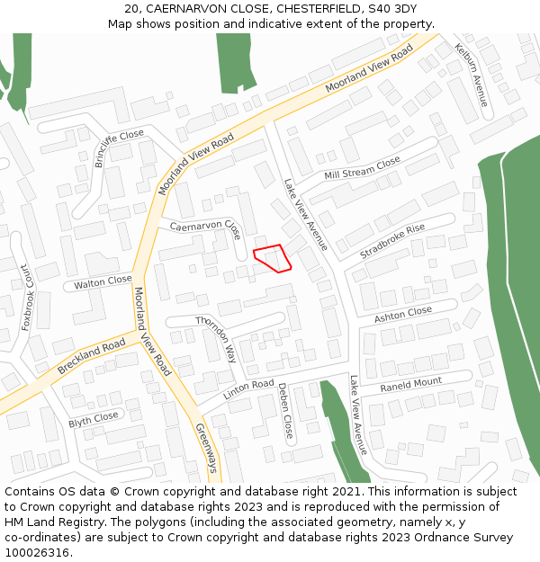 20, CAERNARVON CLOSE, CHESTERFIELD, S40 3DY: Location map and indicative extent of plot