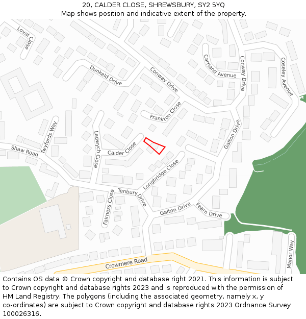 20, CALDER CLOSE, SHREWSBURY, SY2 5YQ: Location map and indicative extent of plot