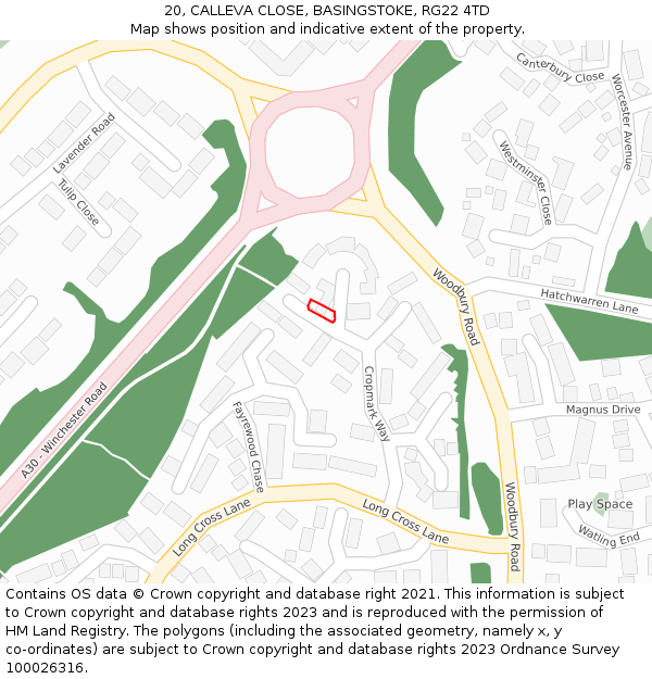 20, CALLEVA CLOSE, BASINGSTOKE, RG22 4TD: Location map and indicative extent of plot