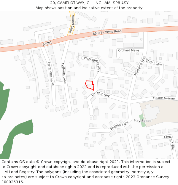 20, CAMELOT WAY, GILLINGHAM, SP8 4SY: Location map and indicative extent of plot