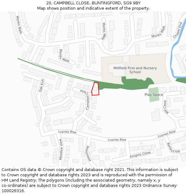 20, CAMPBELL CLOSE, BUNTINGFORD, SG9 9BY: Location map and indicative extent of plot