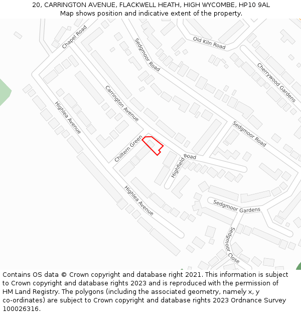 20, CARRINGTON AVENUE, FLACKWELL HEATH, HIGH WYCOMBE, HP10 9AL: Location map and indicative extent of plot