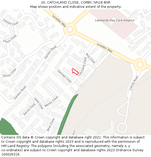 20, CATCHLAND CLOSE, CORBY, NN18 8NR: Location map and indicative extent of plot