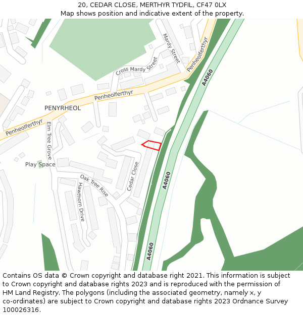 20, CEDAR CLOSE, MERTHYR TYDFIL, CF47 0LX: Location map and indicative extent of plot