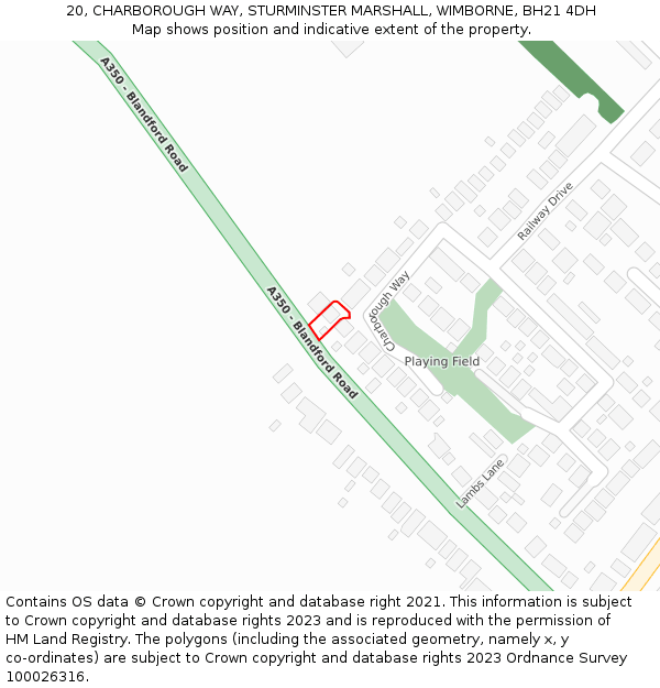 20, CHARBOROUGH WAY, STURMINSTER MARSHALL, WIMBORNE, BH21 4DH: Location map and indicative extent of plot