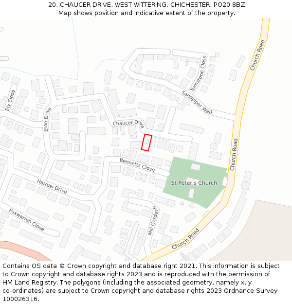 20, CHAUCER DRIVE, WEST WITTERING, CHICHESTER, PO20 8BZ: Location map and indicative extent of plot