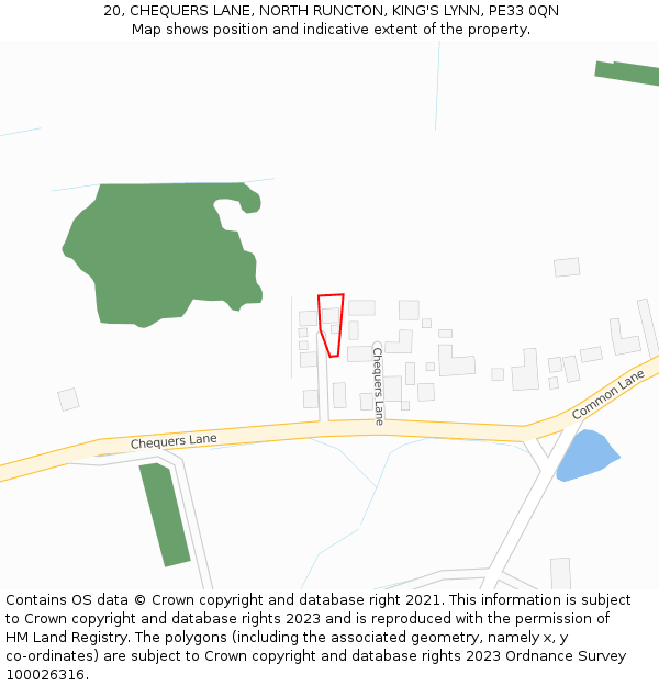 20, CHEQUERS LANE, NORTH RUNCTON, KING'S LYNN, PE33 0QN: Location map and indicative extent of plot