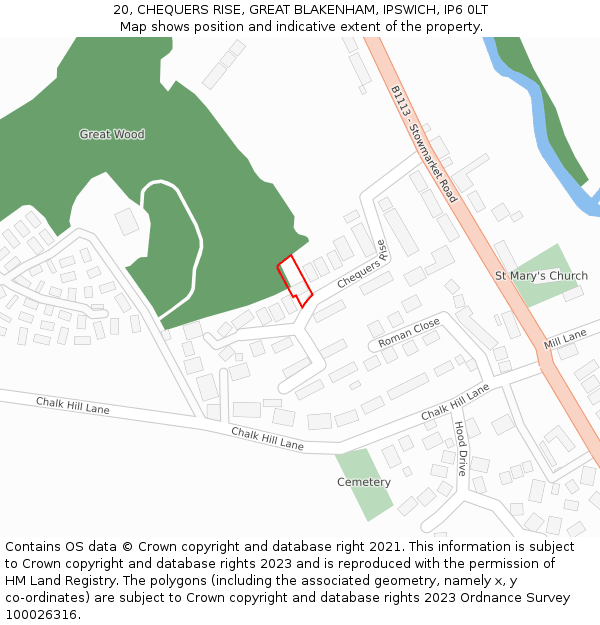 20, CHEQUERS RISE, GREAT BLAKENHAM, IPSWICH, IP6 0LT: Location map and indicative extent of plot