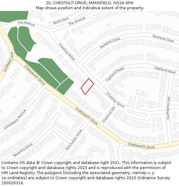 20, CHESTNUT DRIVE, MANSFIELD, NG18 4PW: Location map and indicative extent of plot