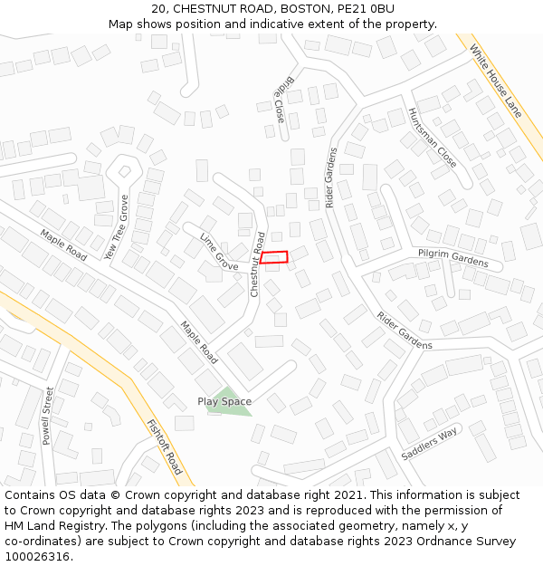 20, CHESTNUT ROAD, BOSTON, PE21 0BU: Location map and indicative extent of plot