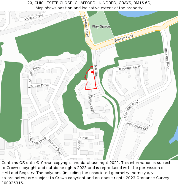 20, CHICHESTER CLOSE, CHAFFORD HUNDRED, GRAYS, RM16 6DJ: Location map and indicative extent of plot