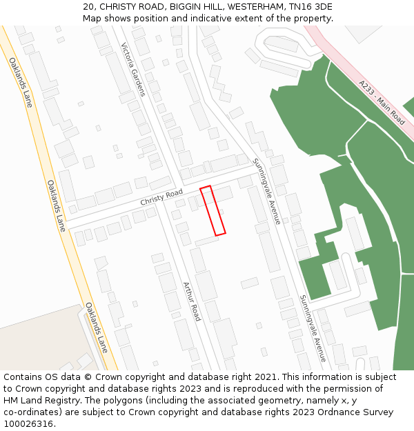 20, CHRISTY ROAD, BIGGIN HILL, WESTERHAM, TN16 3DE: Location map and indicative extent of plot