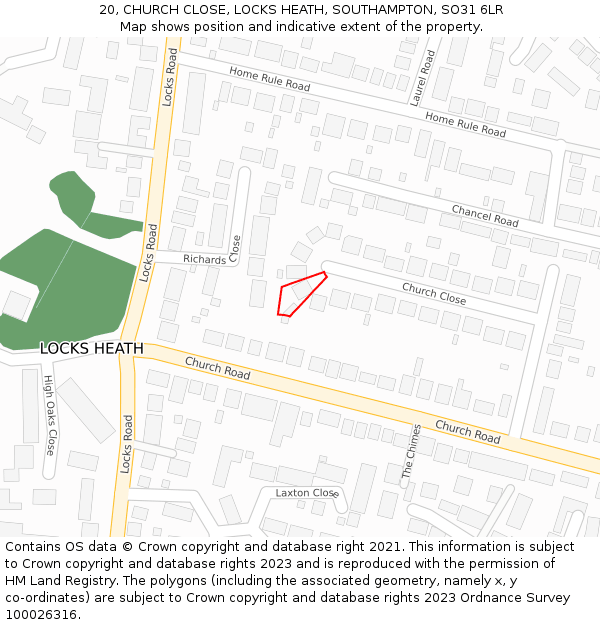 20, CHURCH CLOSE, LOCKS HEATH, SOUTHAMPTON, SO31 6LR: Location map and indicative extent of plot