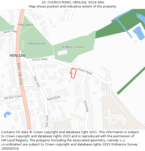 20, CHURCH ROAD, HENLOW, SG16 6AN: Location map and indicative extent of plot