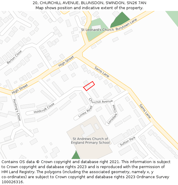 20, CHURCHILL AVENUE, BLUNSDON, SWINDON, SN26 7AN: Location map and indicative extent of plot