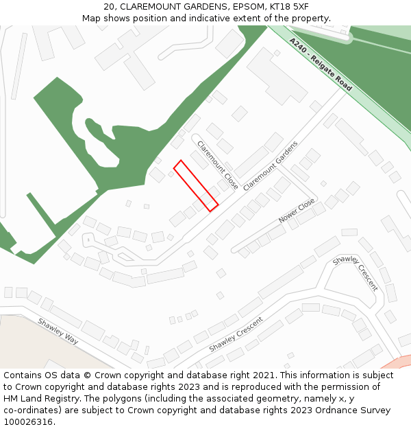 20, CLAREMOUNT GARDENS, EPSOM, KT18 5XF: Location map and indicative extent of plot