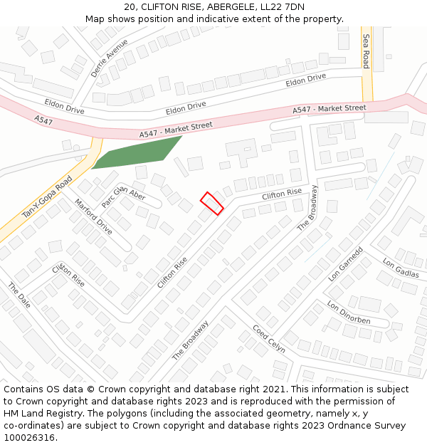 20, CLIFTON RISE, ABERGELE, LL22 7DN: Location map and indicative extent of plot