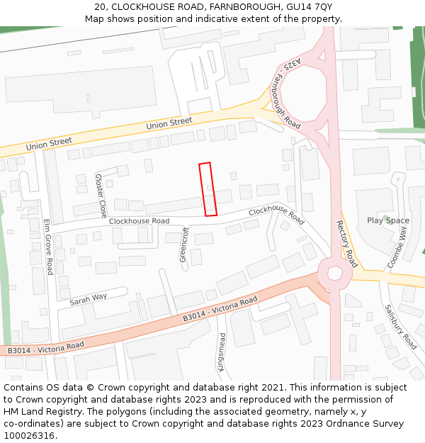 20, CLOCKHOUSE ROAD, FARNBOROUGH, GU14 7QY: Location map and indicative extent of plot