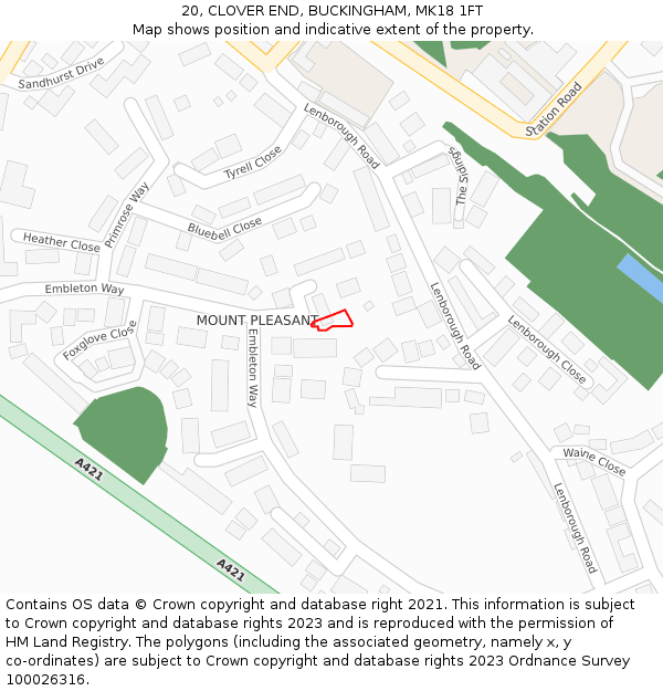 20, CLOVER END, BUCKINGHAM, MK18 1FT: Location map and indicative extent of plot